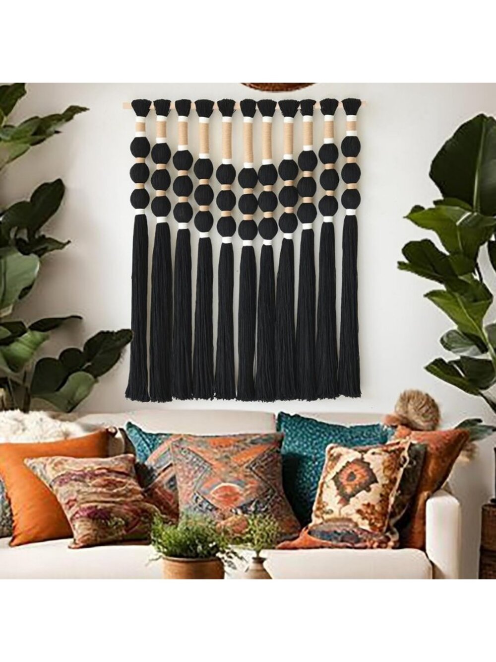 Handmade Macrame Wall Hanging - Black Knot Fiber Art, 27"W x 33"L, Boho Decor